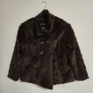 ME JANE Furry Teddy Bear Jacket Cropped Double Breasted Chocolate Brown Fuzzy